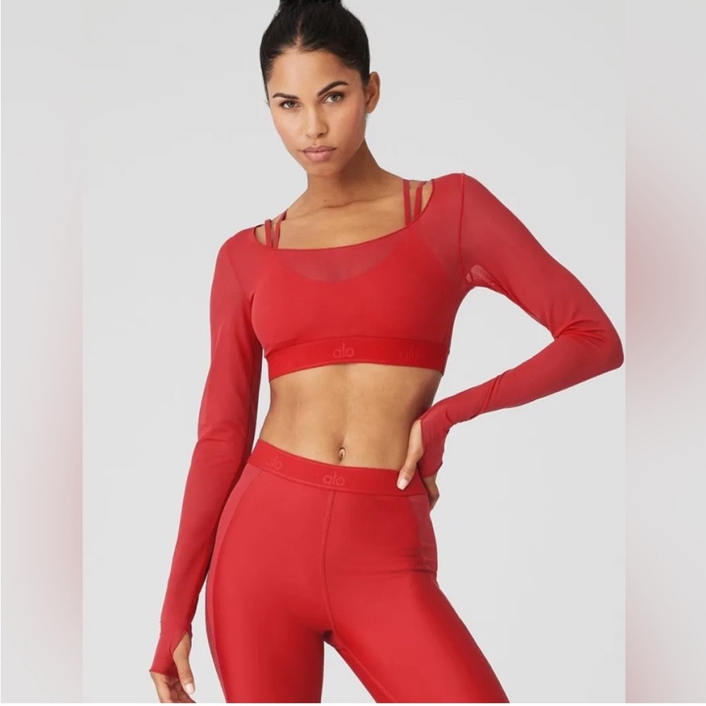 Set!(2) ALO Dream Ballet Mesh Crop Top S High Waist Airlift Legging Bright Red S